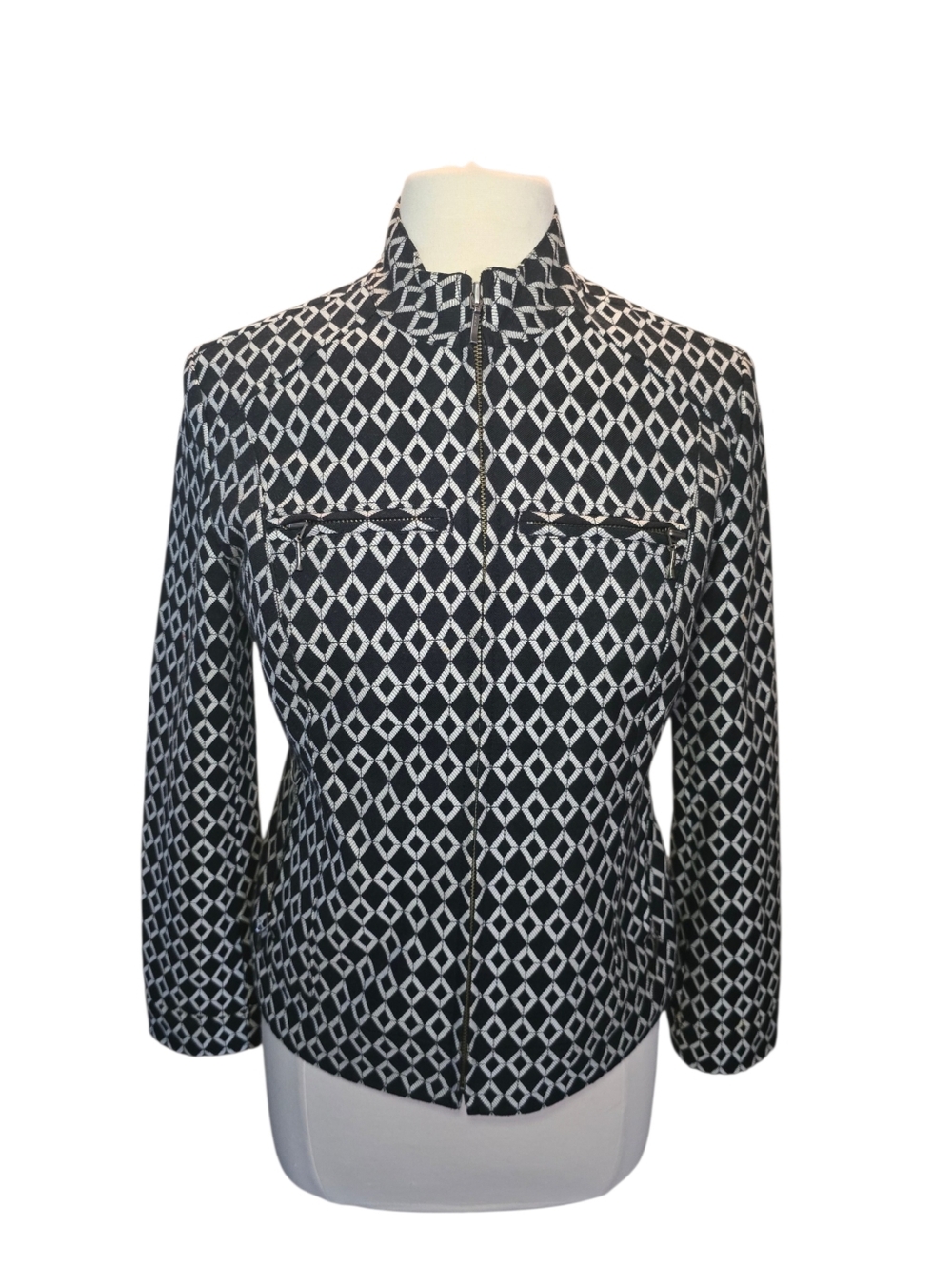 Chico's Black And White Diamond Geometric Print Jacket Blazer Size 0